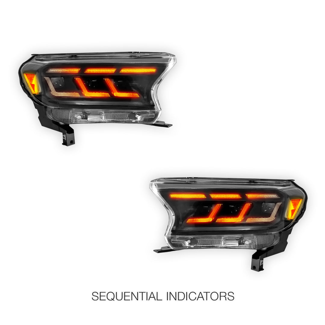 Ford Ranger PX2 / PX3 (2015 - 2019) Sequential Black Full LED Mustang Style Headlights LH + RH