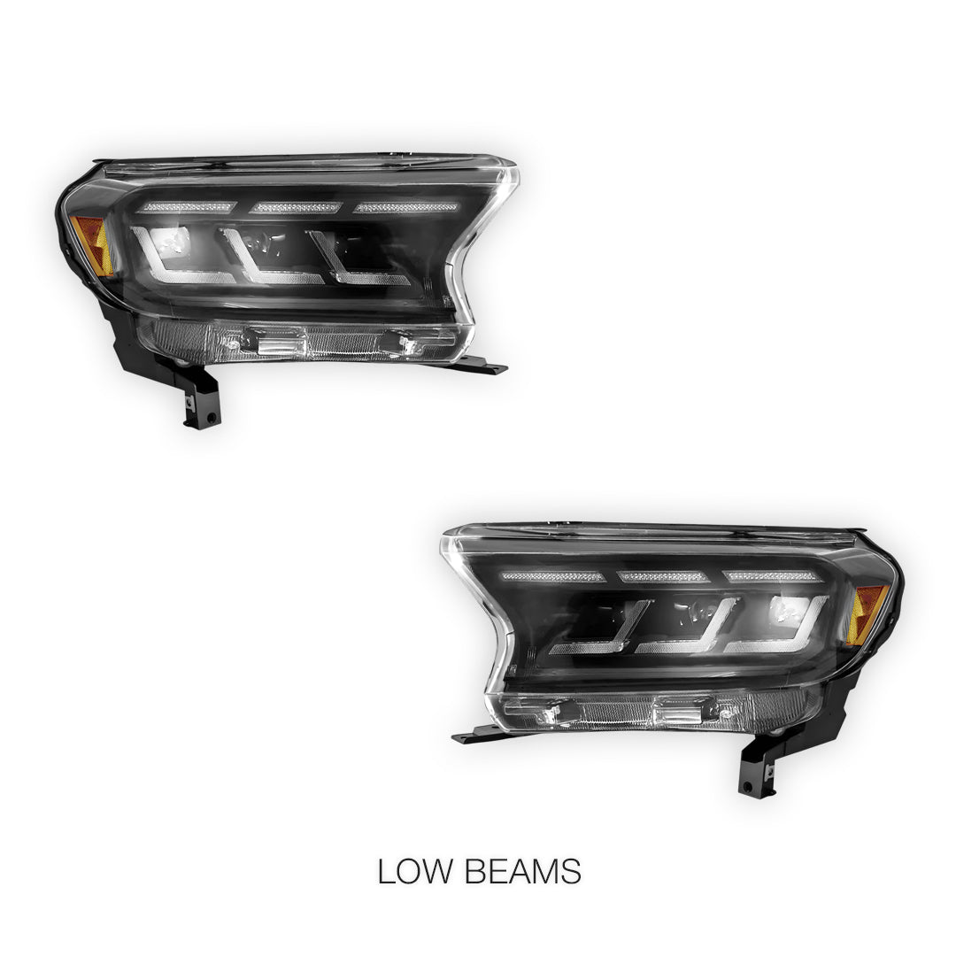 Ford Ranger PX2 / PX3 (2015 - 2019) Sequential Black Full LED Mustang Style Headlights LH + RH