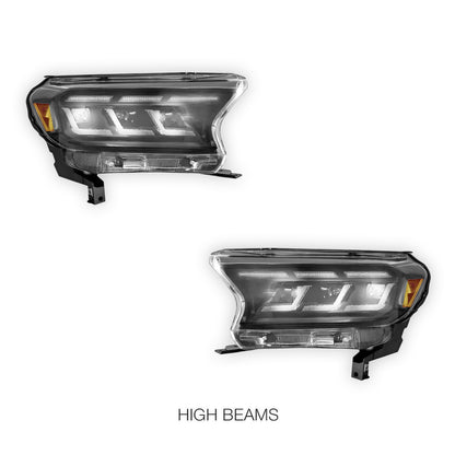 Ford Ranger PX2 / PX3 (2015 - 2019) Sequential Black Full LED Mustang Style Headlights LH + RH