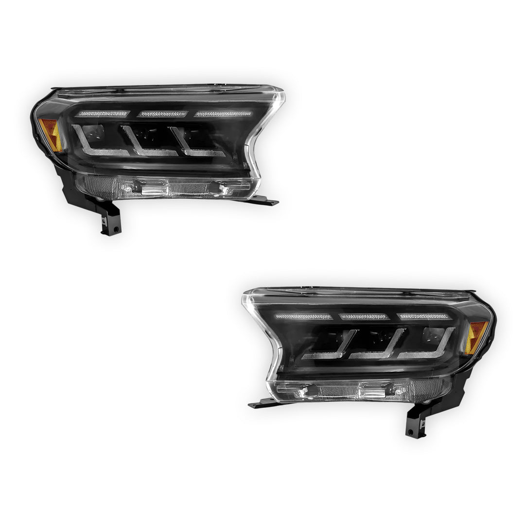 Ford Ranger PX2 / PX3 (2015 - 2019) Sequential Black Full LED Mustang Style Headlights LH + RH