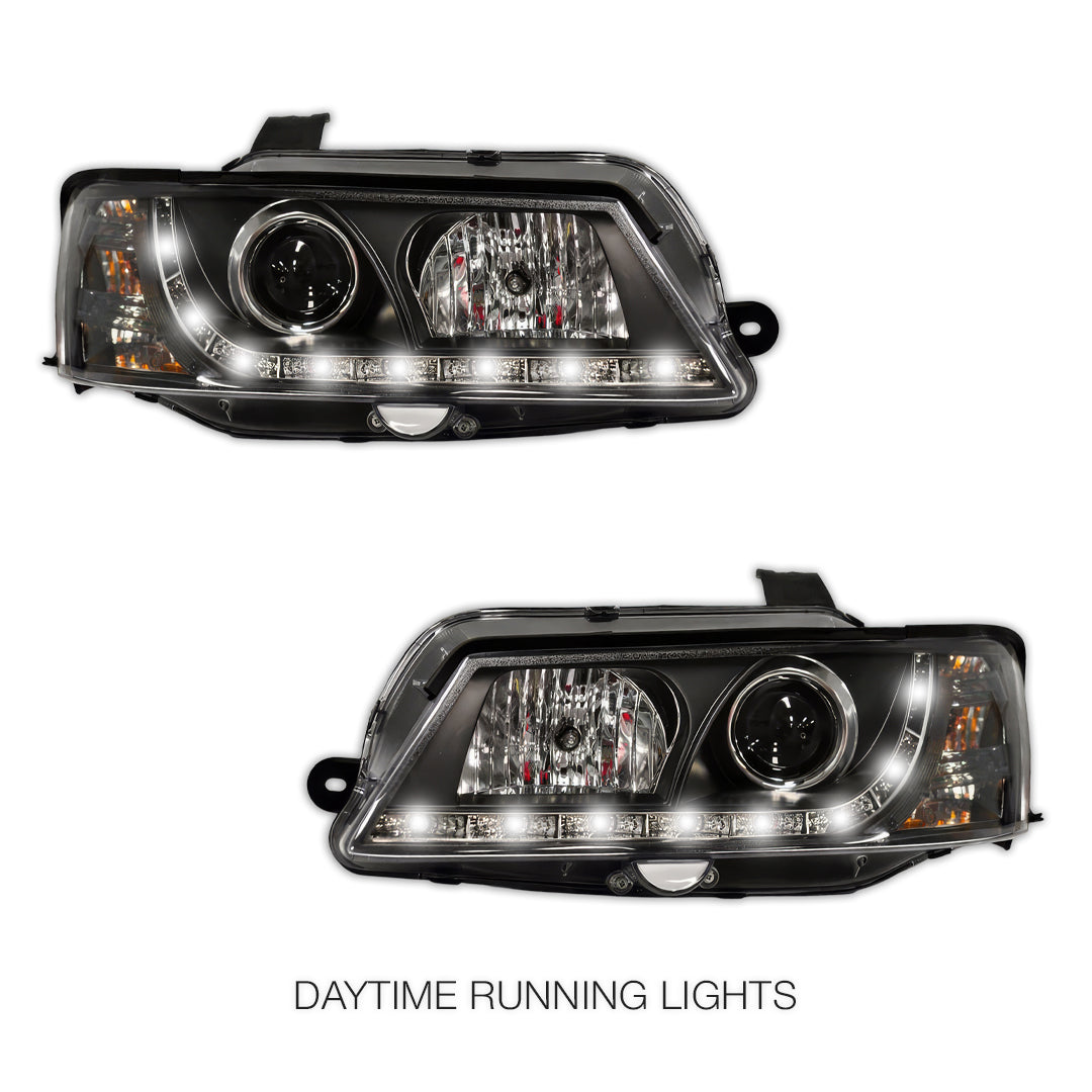 Holden Commodore VY HSV (2002 - 2006) Black DRL LED Projector Headlights LH + RH