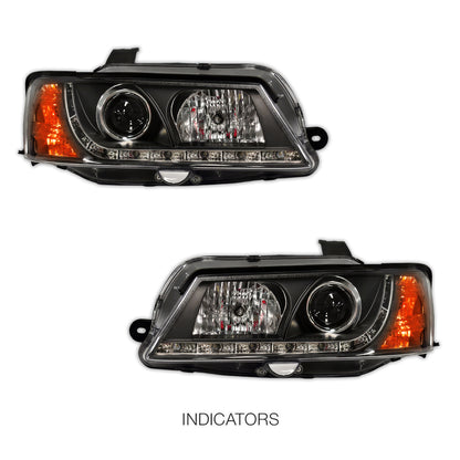 Holden Commodore VY HSV (2002 - 2006) Black DRL LED Projector Headlights LH + RH