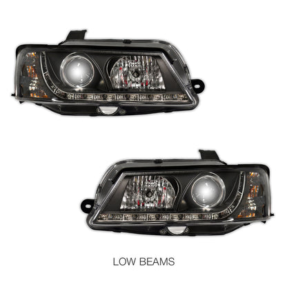 Holden Commodore VY HSV (2002 - 2006) Black DRL LED Projector Headlights LH + RH