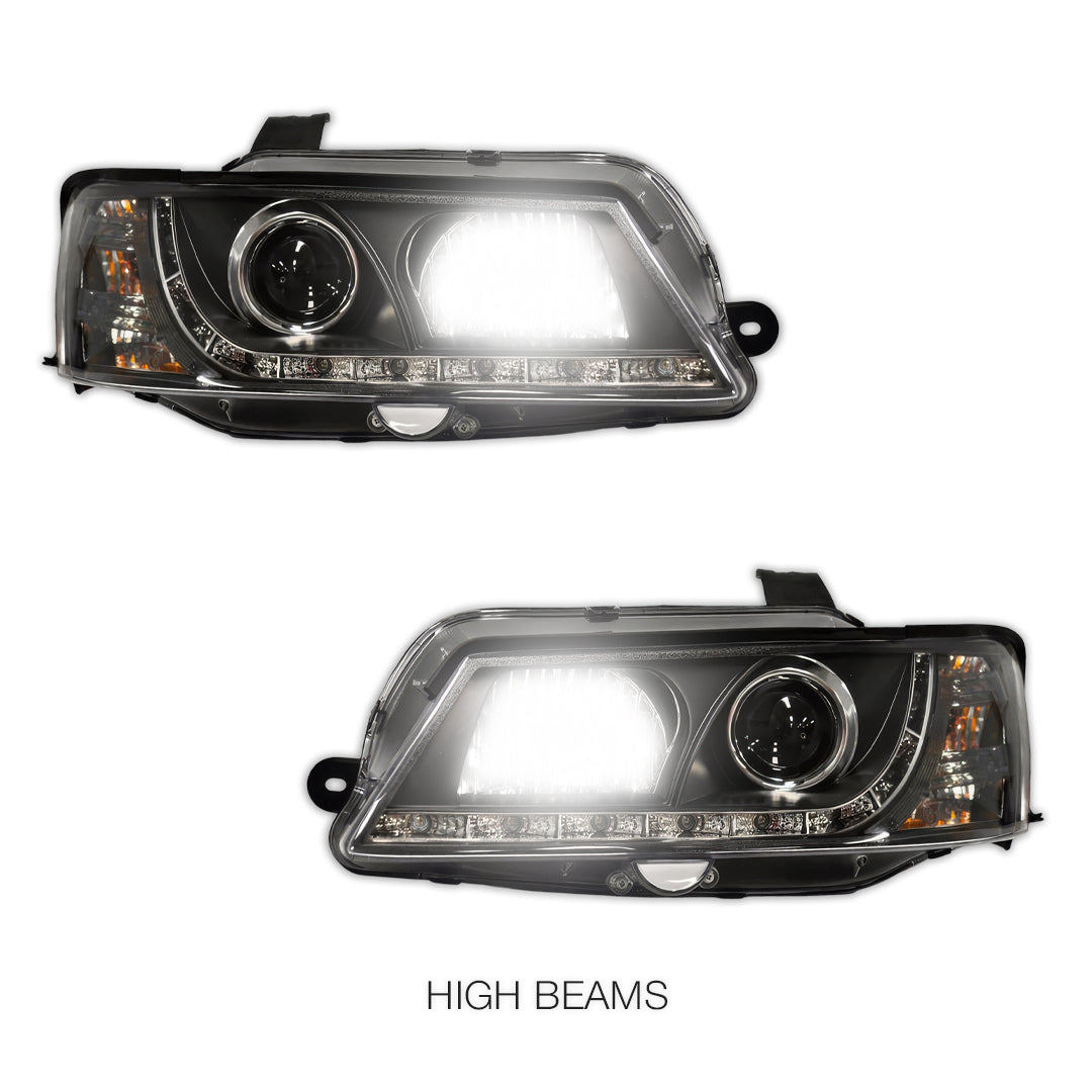 Holden Commodore VY HSV (2002 - 2006) Black DRL LED Projector Headlights LH + RH