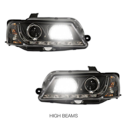 Holden Commodore VY HSV (2002 - 2006) Black DRL LED Projector Headlights LH + RH