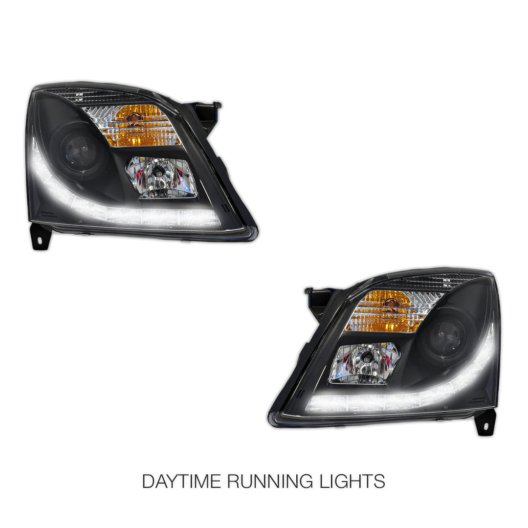 Holden Vectra ZC (2002 - 2005) Black LED DRL Projector Headlights LH + RH
