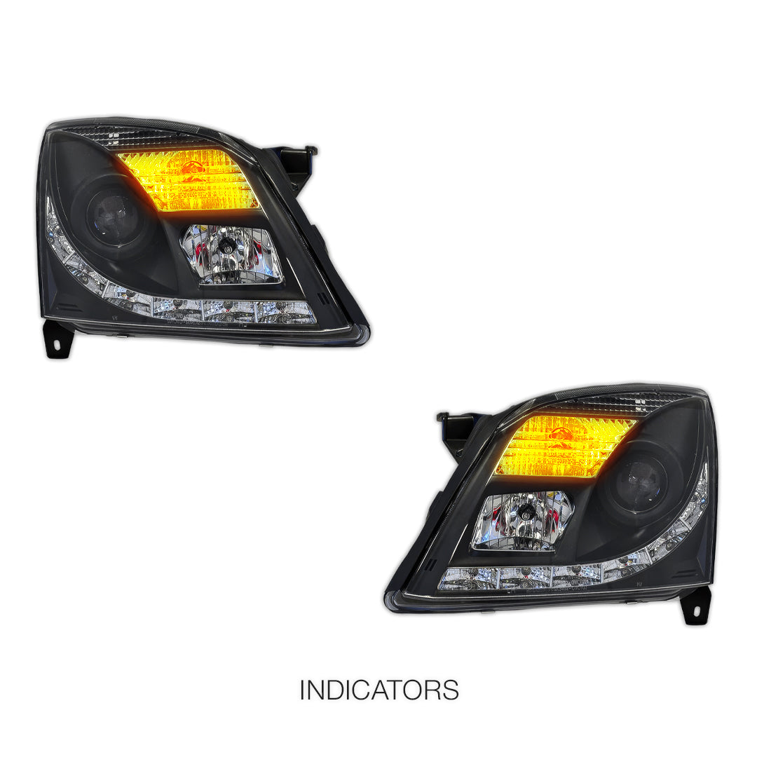 Holden Vectra ZC (2002 - 2005) Black LED DRL Projector Headlights LH + RH