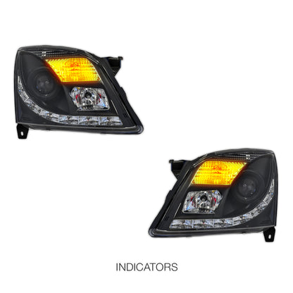 Holden Vectra ZC (2002 - 2005) Black LED DRL Projector Headlights LH + RH