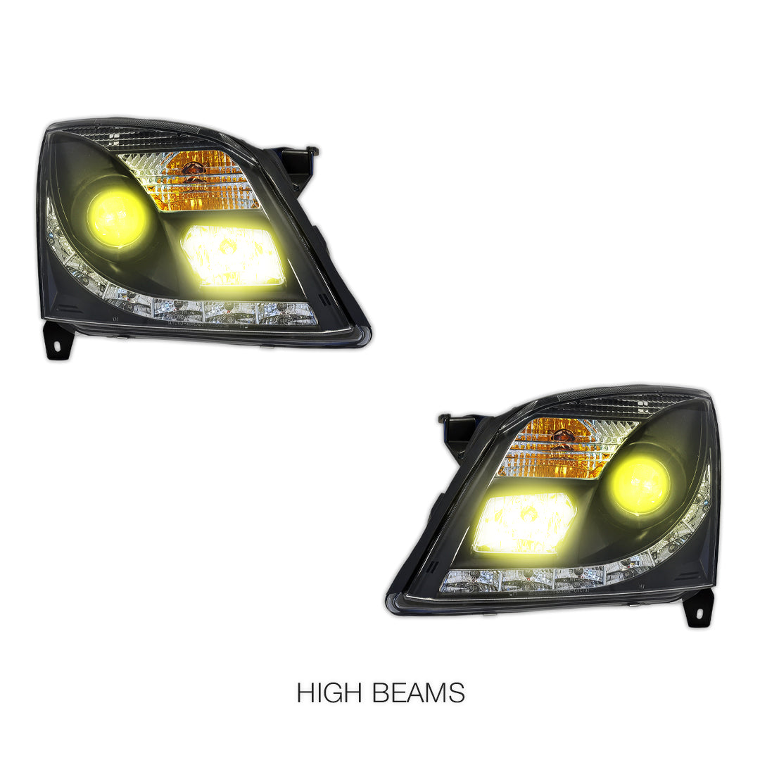 Holden Vectra ZC (2002 - 2005) Black LED DRL Projector Headlights LH + RH
