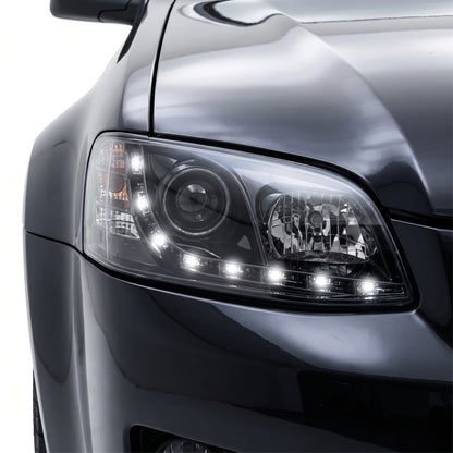 Holden Commodore VE Series 1 (2006 - 2010) Black DRL LED Projector Headlights LH + RH installed