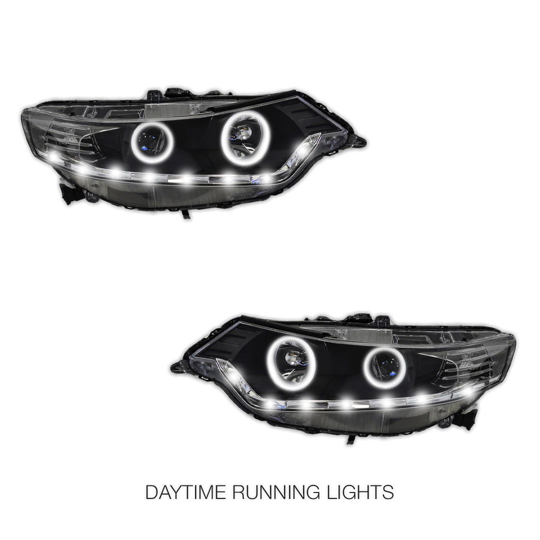 Honda Accord Euro CU (2008 - 2013) Black LED DRL & High Power Angel Eyes Style Projector Headlights LH + RH