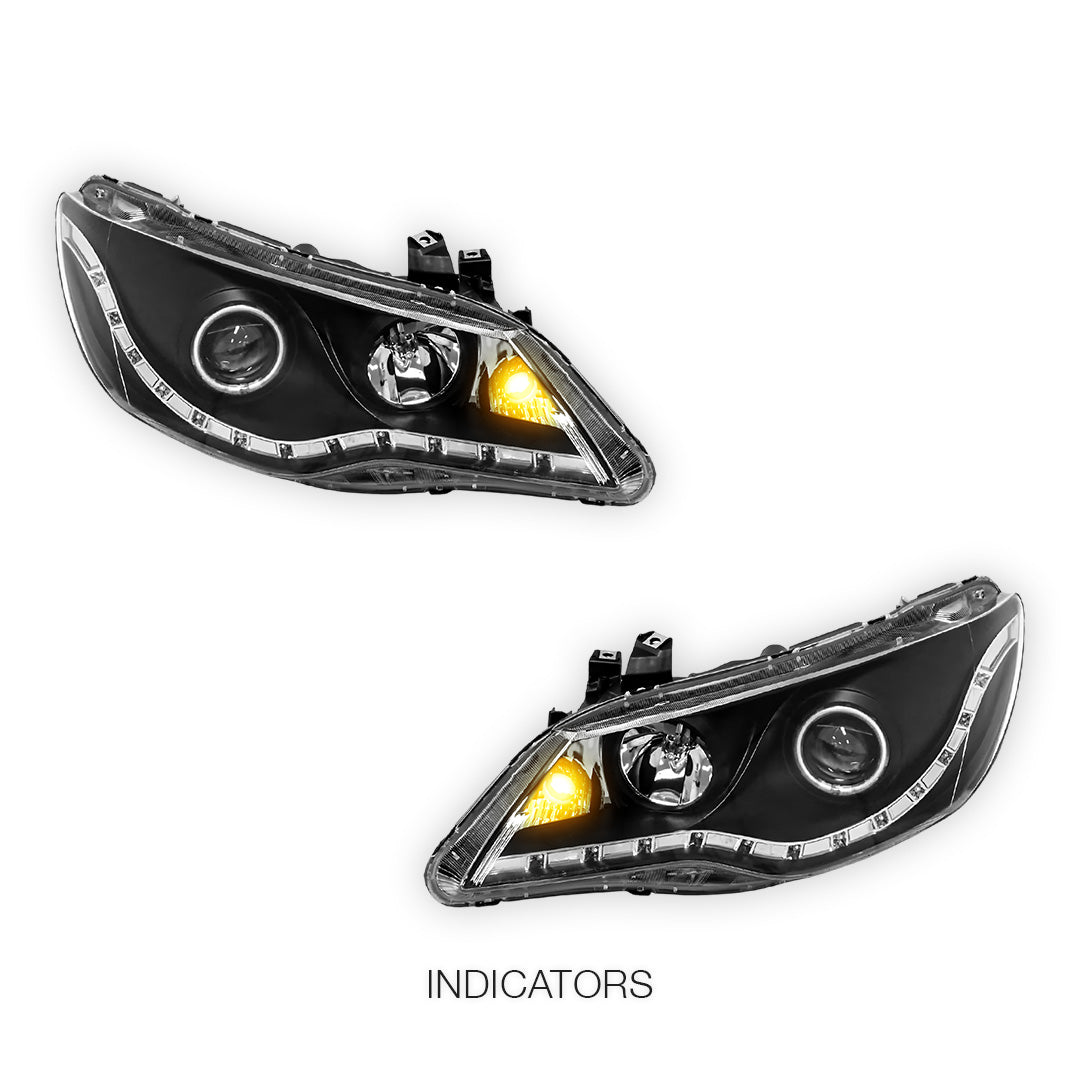 Honda Civic FD Sedan (2006 - 2012) Black LED DRL & Angel Eyes Projector Headlights LH + RH