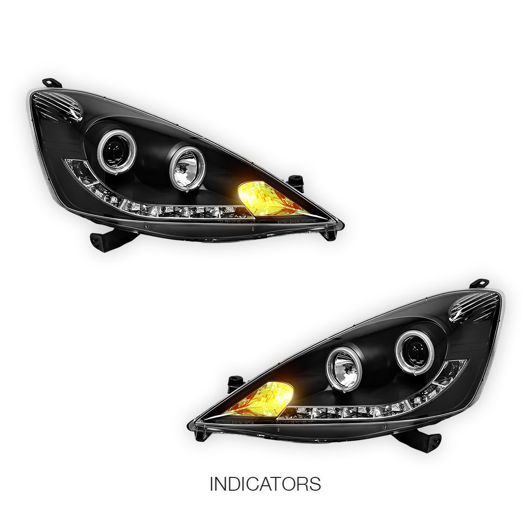 Honda Jazz Fit GE (2008 - 2011) Black LED DRL & CCFL Angel Eyes Projector Headlights LH + RH