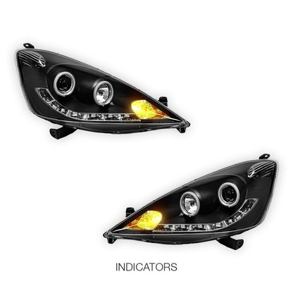 Honda Jazz Fit GE (2008 - 2011) Black LED DRL & CCFL Angel Eyes Projector Headlights LH + RH