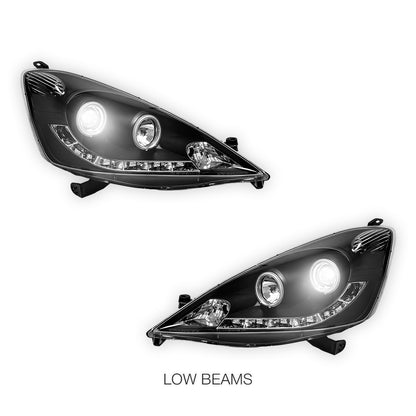 Honda Jazz Fit GE (2008 - 2011) Black LED DRL & CCFL Angel Eyes Projector Headlights LH + RH