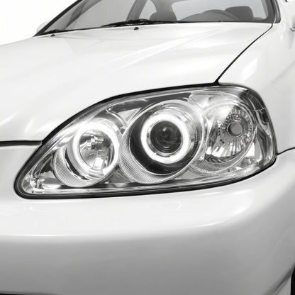 Honda Civic EK (1999 - 2000) Crystal Clear Angel-Eyes Projector Headlights LH + RH installed close-up