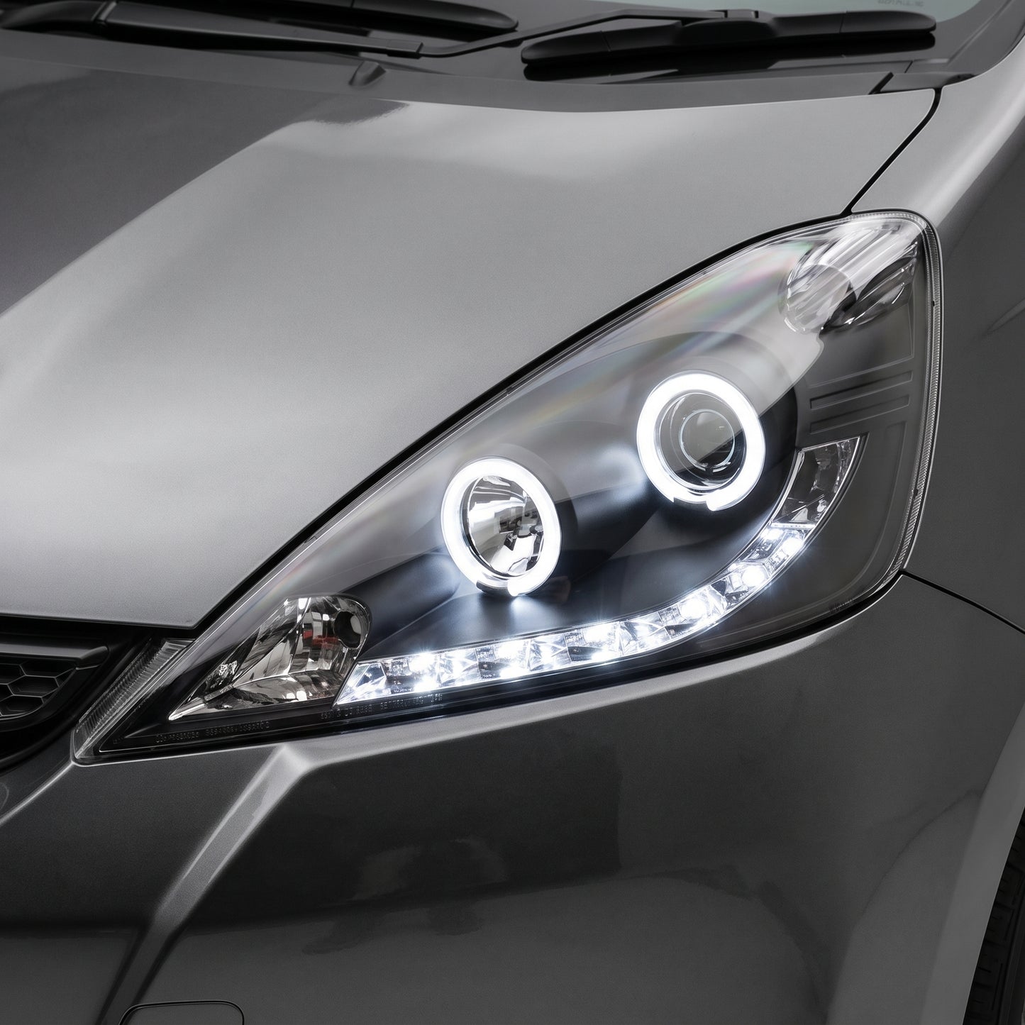 Honda Jazz Fit GE (2008 - 2011) Black LED DRL & CCFL Angel Eyes Projector Headlights LH + RH