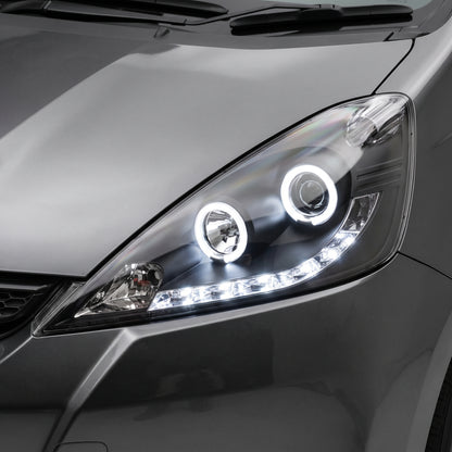 Honda Jazz Fit GE (2008 - 2011) Black LED DRL & CCFL Angel Eyes Projector Headlights LH + RH