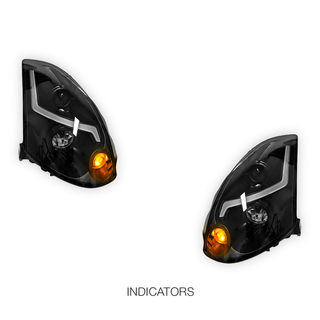 Infiniti G35 V35 Coupe (2001 - 2006) Black R35 GTR Style 3D LED DRL Projector Headlights LH + RH