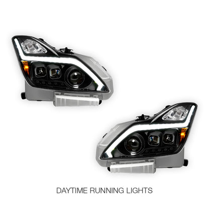 Infiniti G37 Coupe (2012 - 2013) Black GTR R35 Style LED DRL Dual Projector With Sequential Indicator Headlights LH + RH