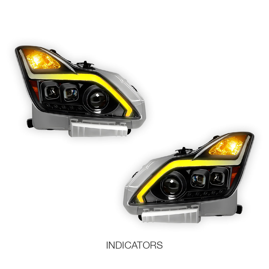 Infiniti G37 Coupe (2012 - 2013) Black GTR R35 Style LED DRL Dual Projector With Sequential Indicator Headlights LH + RH