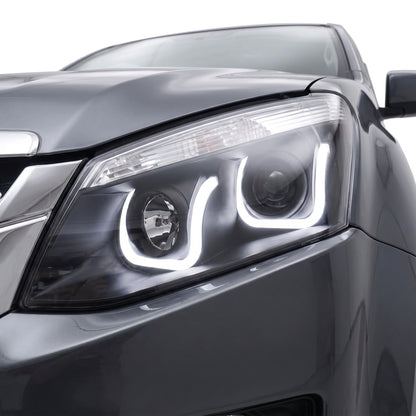 Isuzu D-MAX (2012 - 2016) Black Eagle U-Shape Halo Angel Eyes Headlights LH + RH installed close-up