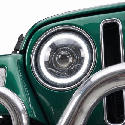 Jeep Wrangler TJ / JK (1997 - 2018) 7" Round LED Headlights LH + RH installed close-up