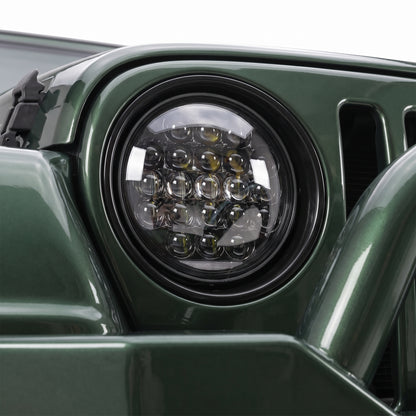 Jeep Wrangler TJ (1997 - 2006) 7" Round LED Headlights LH + RH installed close-up