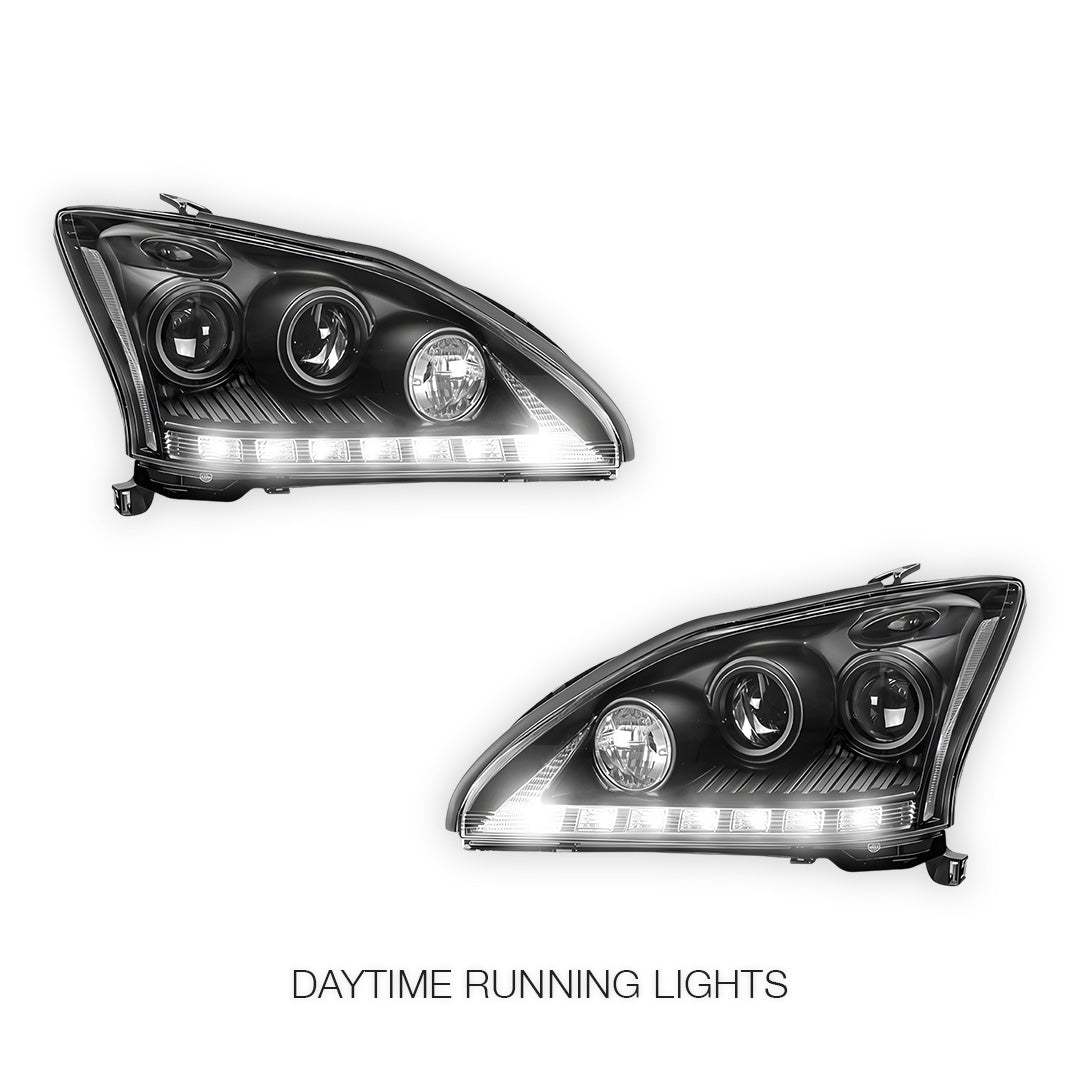Lexus RX330 / RX350 / RH400H / XU30 (2003 - 2008) Black LED DRL Projector Headlights LH + RH