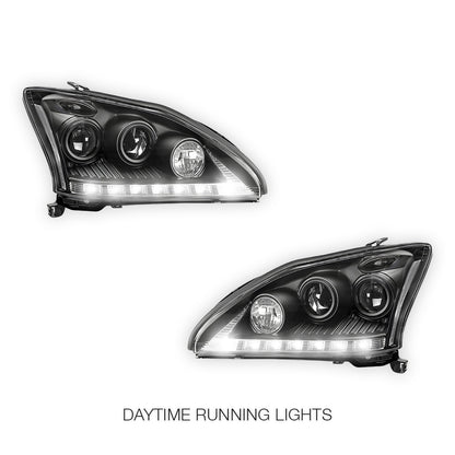 Lexus RX330 / RX350 / RH400H / XU30 (2003 - 2008) Black LED DRL Projector Headlights LH + RH
