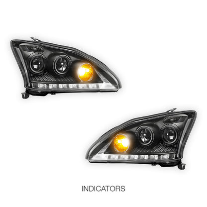 Lexus RX330 / RX350 / RH400H / XU30 (2003 - 2008) Black LED DRL Projector Headlights LH + RH