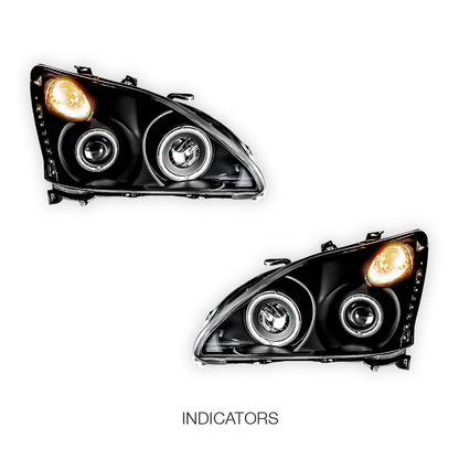 Lexus RX XU30 (2003 - 2008) Black LED DRL & CCFL Angel Eyes Projector Headlights LH + RH