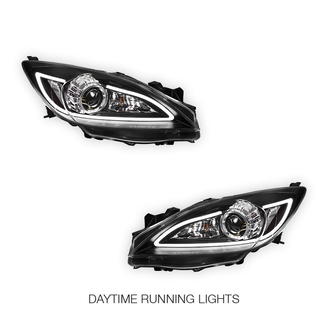 Mazda 3 BL Sedan / Hatch (2009 - 2013) Black LED 3D DRL Style Projector Headlights LH + RH