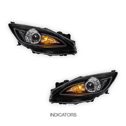 Mazda 3 BL Sedan / Hatch (2009 - 2013) Black LED 3D DRL Style Projector Headlights LH + RH