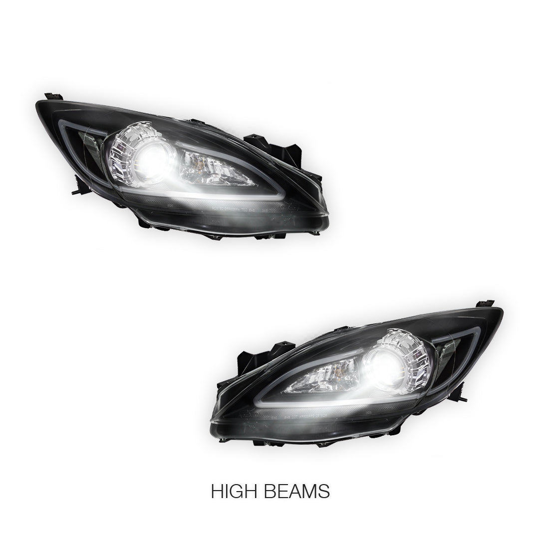 Mazda 3 BL Sedan / Hatch (2009 - 2013) Black LED 3D DRL Style Projector Headlights LH + RH
