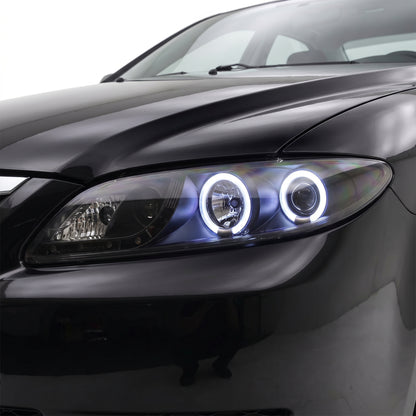 Mazda 6 GG / GY (2002 - 2007) LED DRL CCFL Angel-Eyes Projector Headlights LH + RH installed close-up