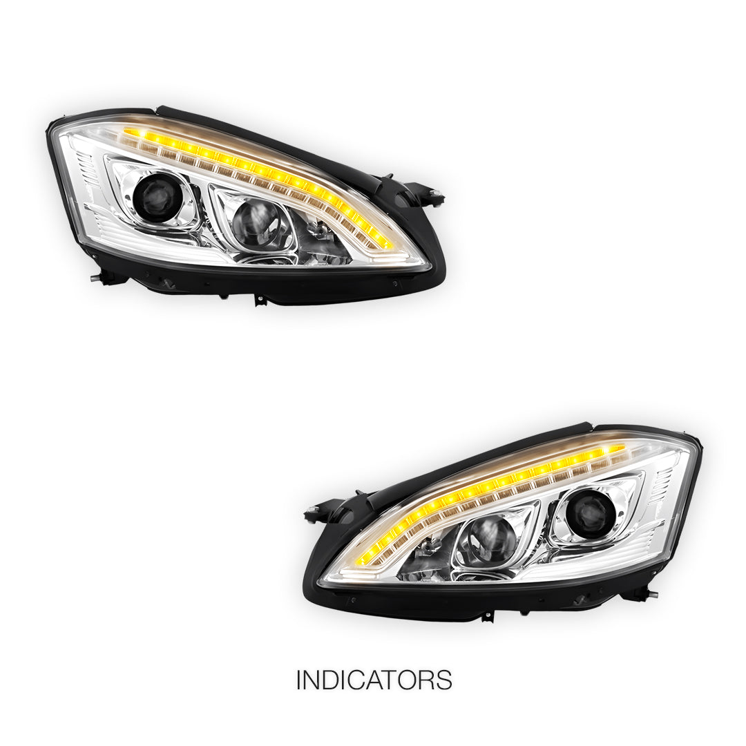 Mercedes-Benz S-Class W221 Sedan (2006 - 2009) Crystal Clear S65 AMG Style DRL LED Projector Headlights LH + RH