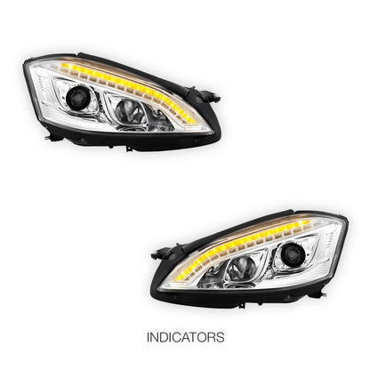 Mercedes-Benz S-Class W221 Sedan (2006 - 2009) Crystal Clear S65 AMG Style DRL LED Projector Headlights LH + RH