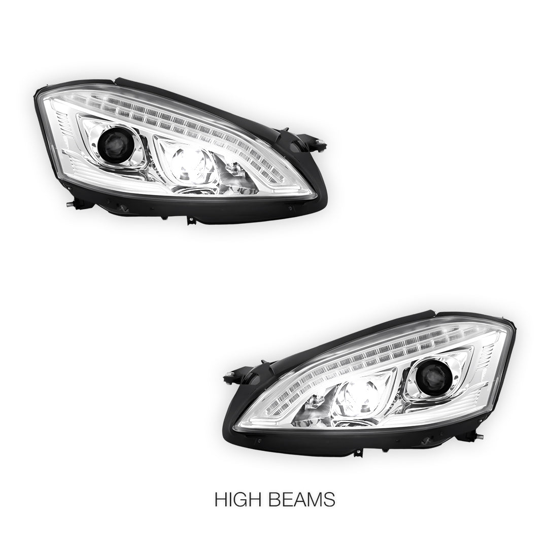 Mercedes-Benz S-Class W221 Sedan (2006 - 2009) Crystal Clear S65 AMG Style DRL LED Projector Headlights LH + RH