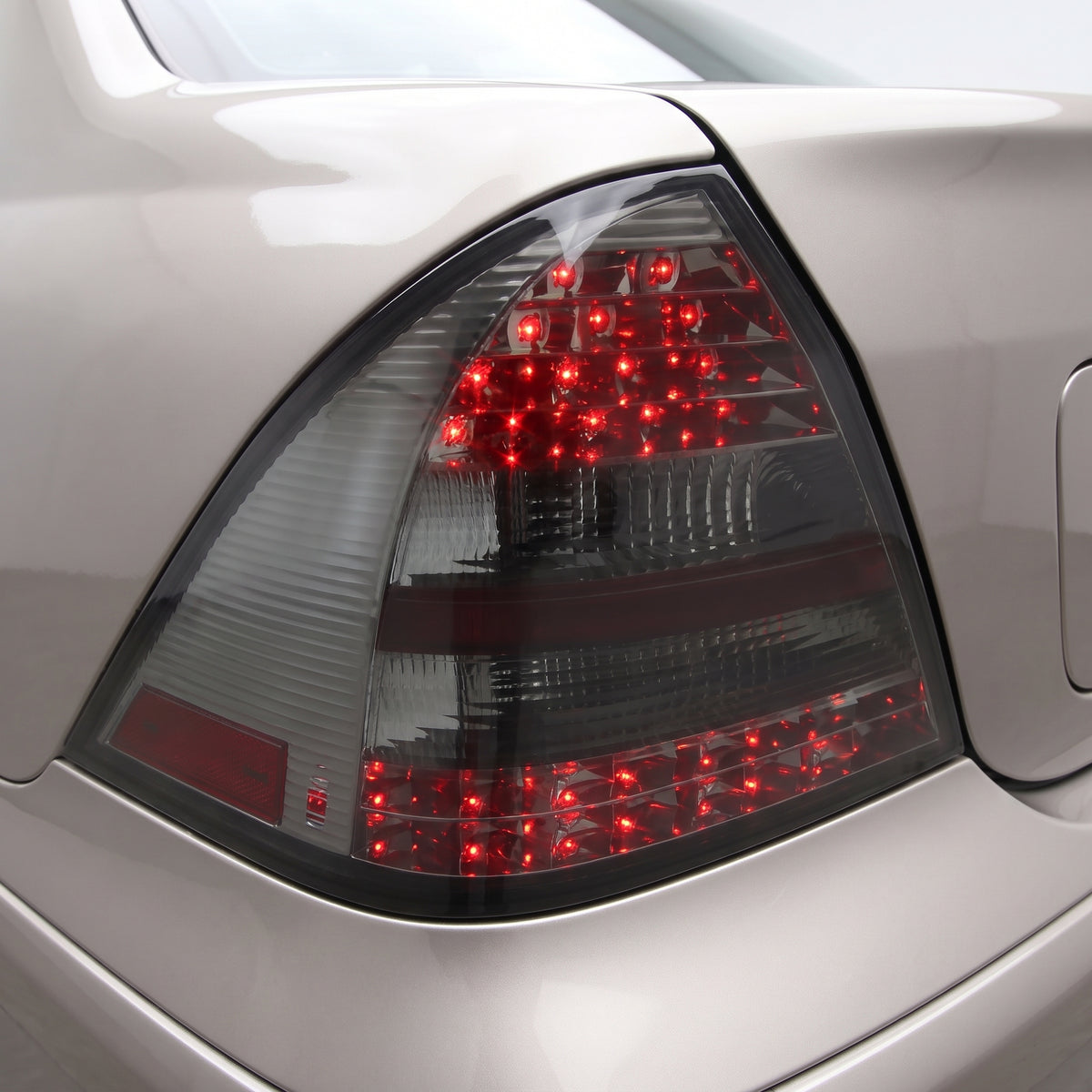 Mercedes-Benz C-Class W203 (2000 - 2004) Full Smoked LED Tail Lights LH + RH installed close-up