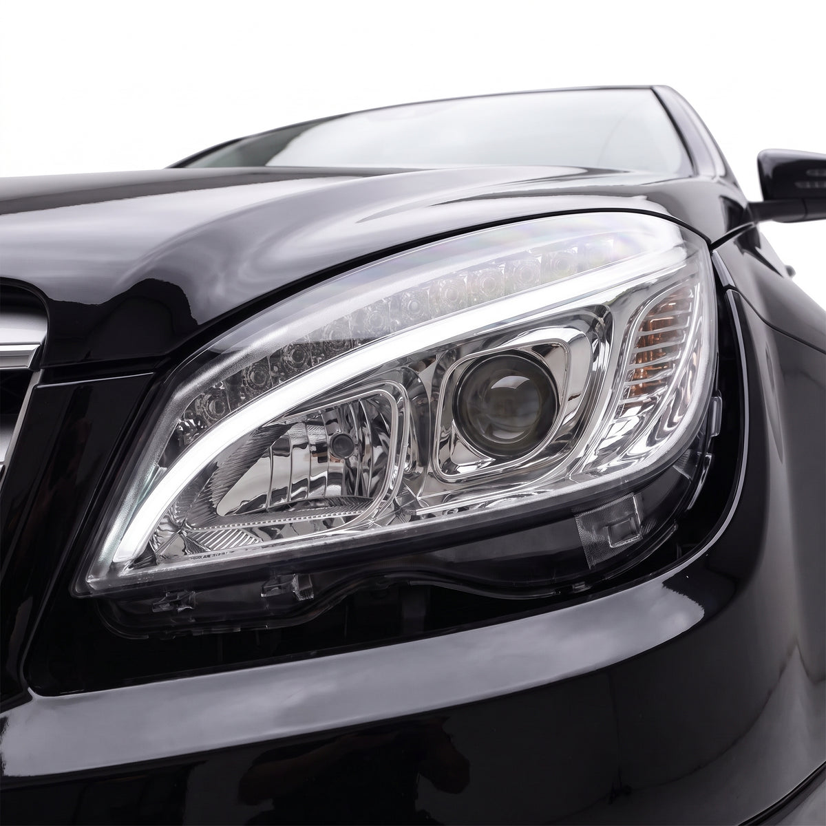 Mercedes-Benz C-Class W204 (2007- 2010) Halogen Model Crystal LED DRL Projector Headlights LH + RH installed close-up