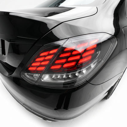 Mercedes-Benz C-Class W205 (2015 - 2025) Black S63 Style Sequential 3D LED Tail Lights LH + RH installed close-up