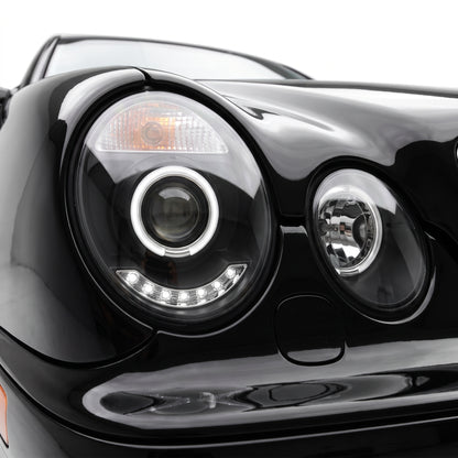 Mercedes-Benz E-Class W210 (2000 - 2002) Crystal Clear Projector Headlights LH + RH installed close-up