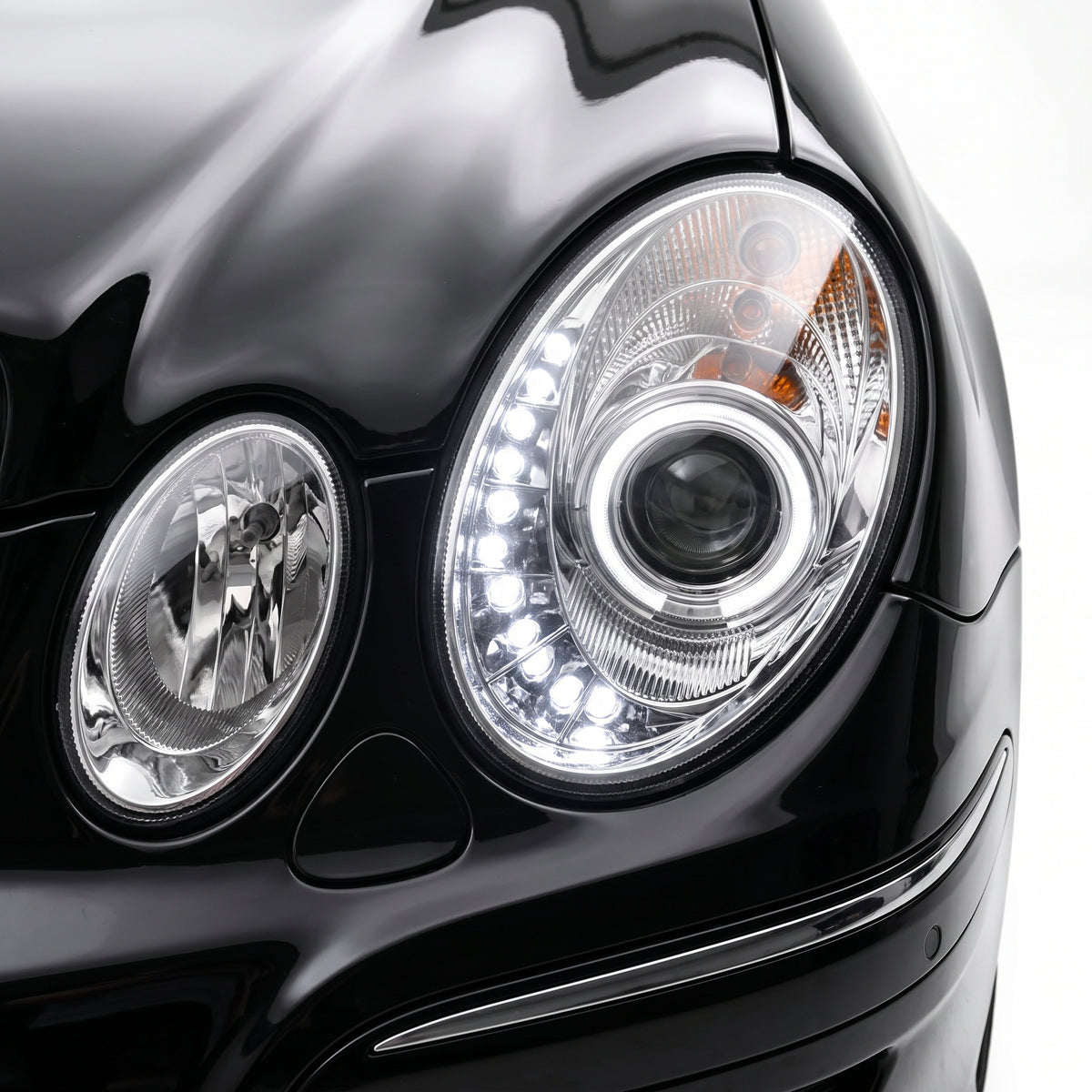Mercedes-Benz E-Class W211 (2003 - 2008) Halogen Model Crystal DRL LED Projector Headlights LH + RH installed