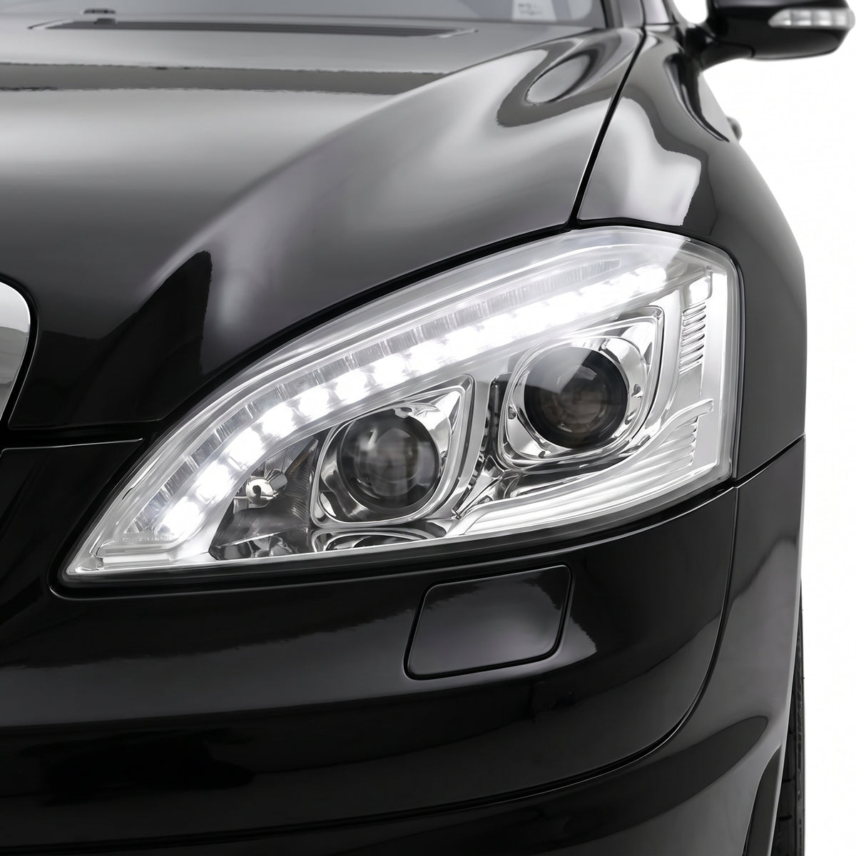 Mercedes-Benz S-Class W221 Sedan (2006 - 2009) Crystal Clear S65 AMG Style DRL LED Projector Headlights LH + RH installed