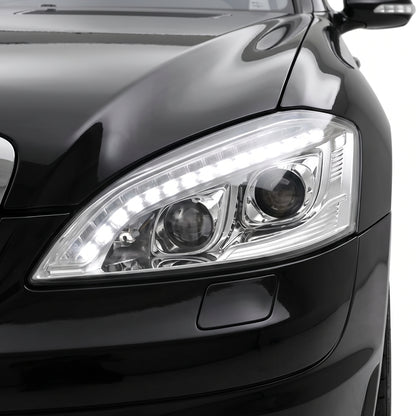 Mercedes-Benz S-Class W221 Sedan (2006 - 2009) Crystal Clear S65 AMG Style DRL LED Projector Headlights LH + RH installed