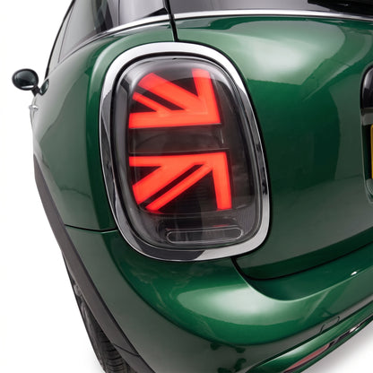 Mini Cooper F55 / F56 / F57 (2014 - 2018) Sequential Smoked Chrome LED Tail Lights LH + RH installed close-up