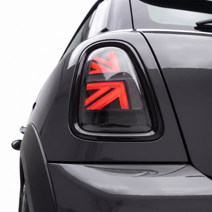 Mini Cooper R56 / R57 / R58 / R59 (2007 - 2015) Sequential Smoked LED Tail Lights LH + RH installed close-up