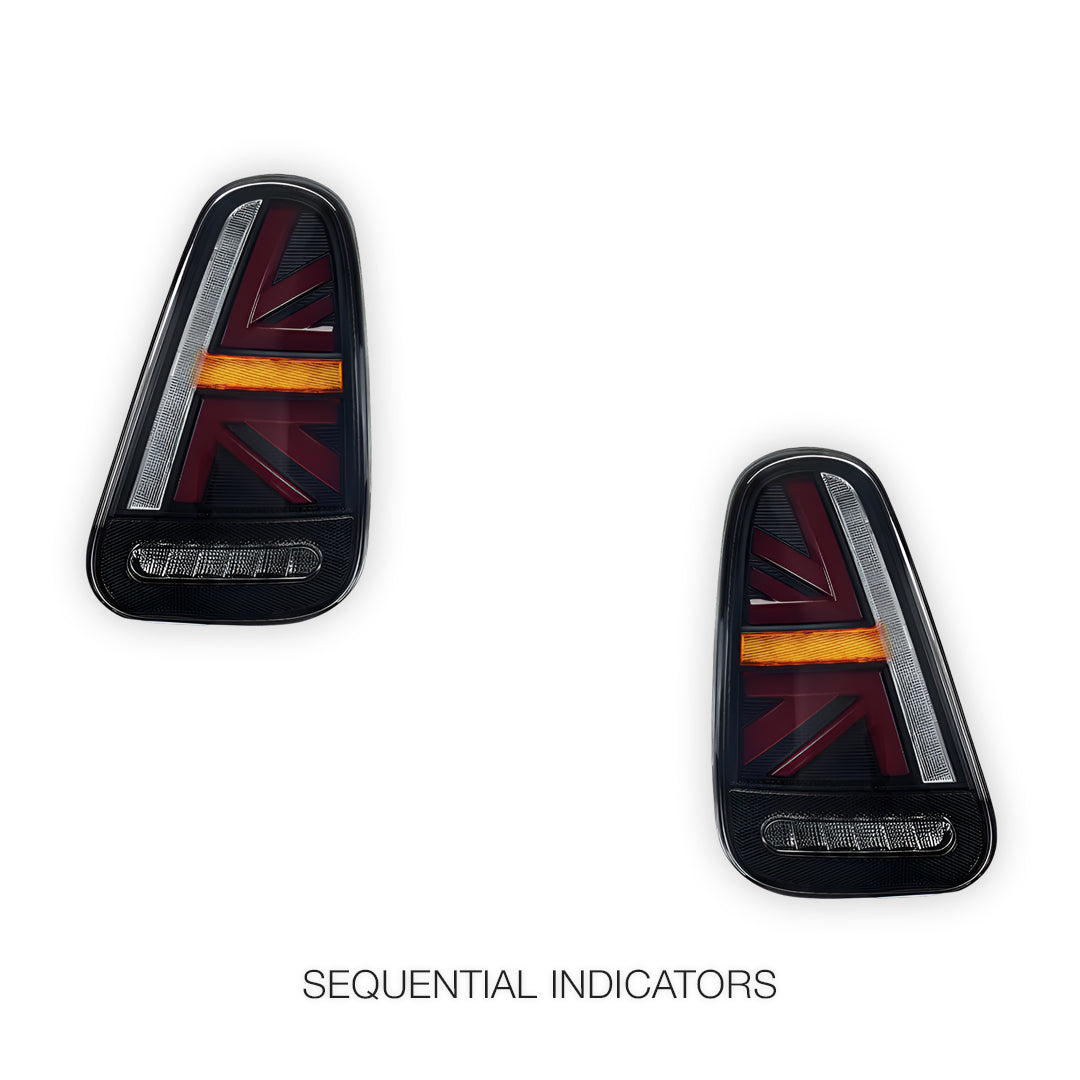 Mini Cooper R50 / R52 / R53 (2001 - 2006) Union Jack Style Sequential Smoked Full LED Tail Lights LH + RH