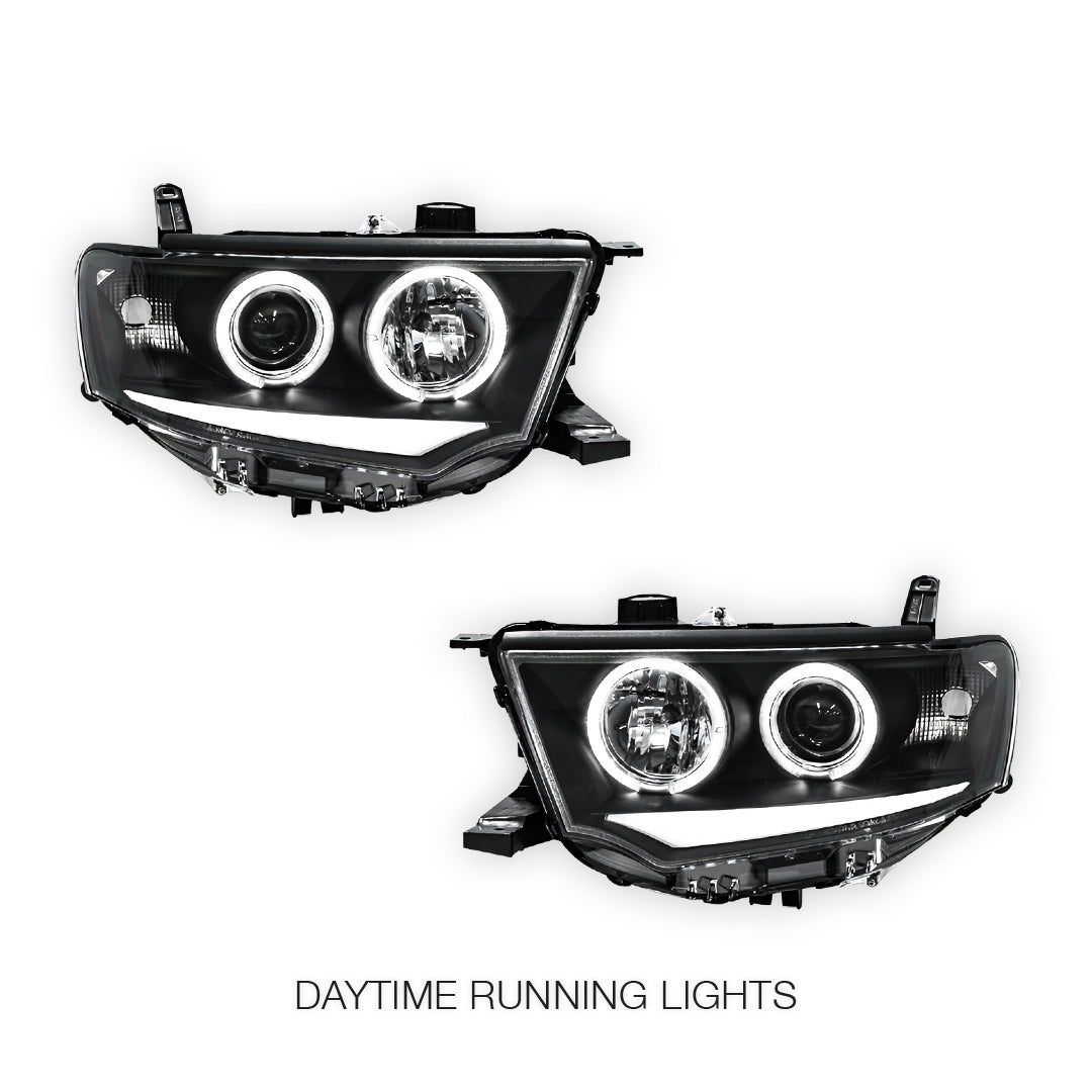 Mitsubishi Challenger PB / PC (2008 - 2015) Black 3D DRL & Angel Eyes Projector Headlights LH + RH